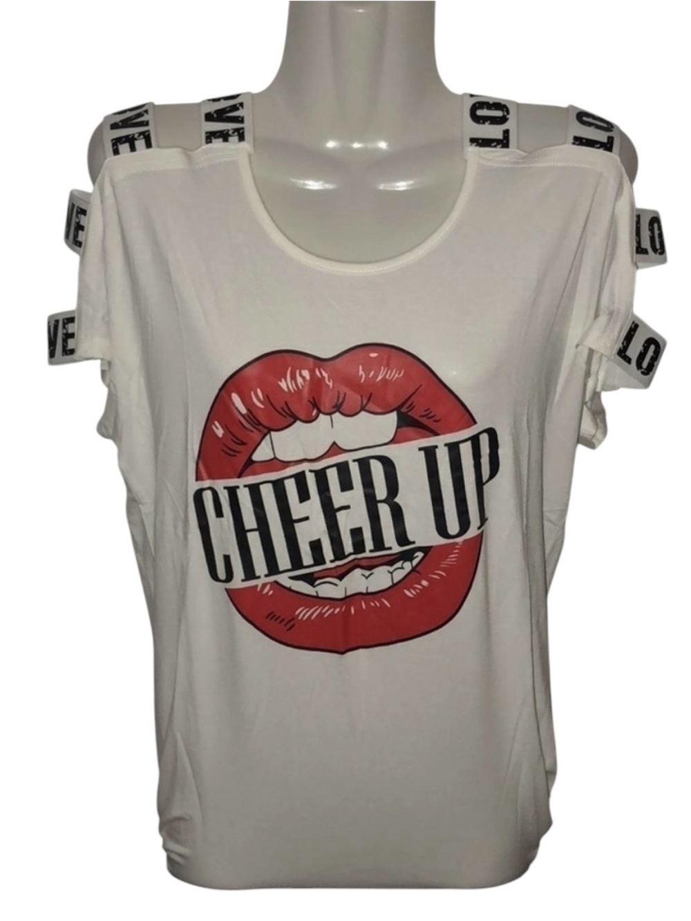 Buzz size large white cold shoulder tee with lips Cheer Up NWOT